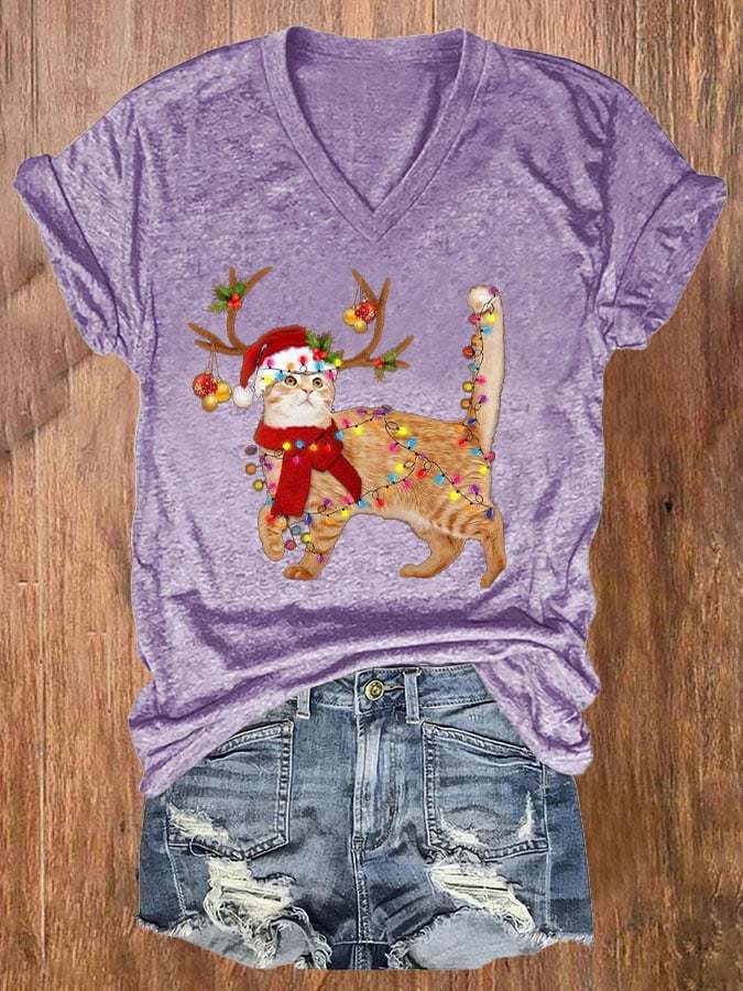 Women's Christmas Cat Lights Print T-Shirt
