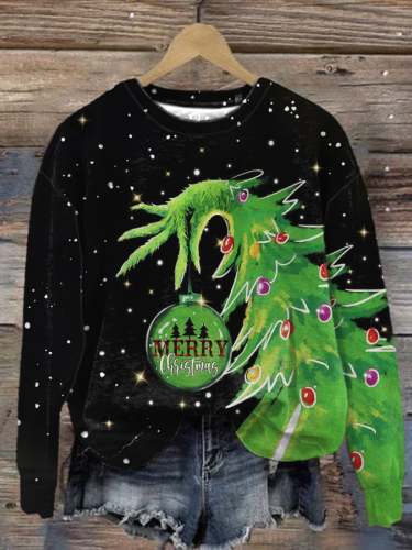 Women's Merry Christmas Grinchmas Print Round Neck Sweatshirt