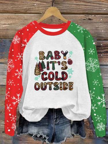Women's Christmas Baby It's Cold Outside Plaid Leopard Print Casual Sweatshirt