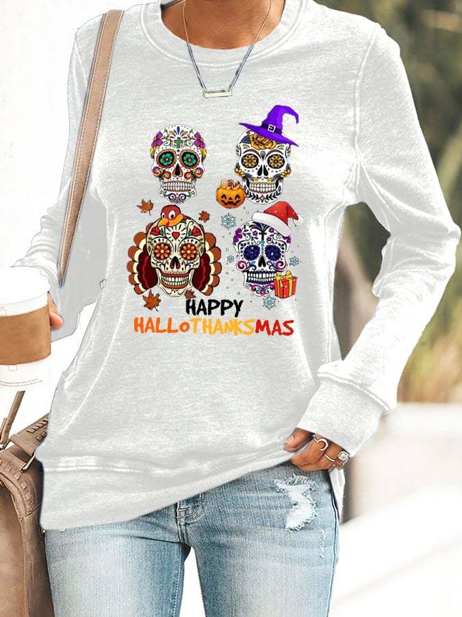 Women'S Casual Happy Hallothankmas Long-Sleeved Sweatshirt