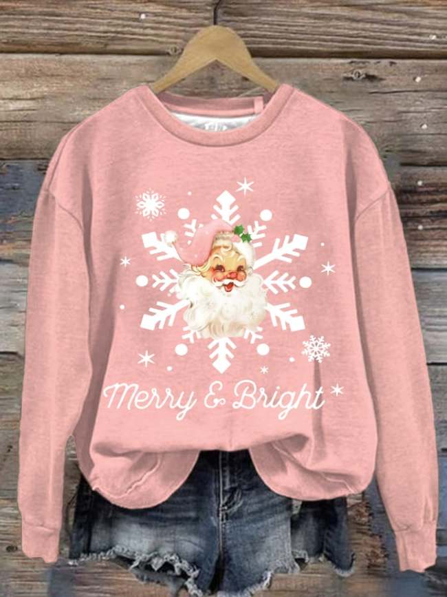 Women's Merry And Bright Santa Claus Print Round Neck Sweatshirt