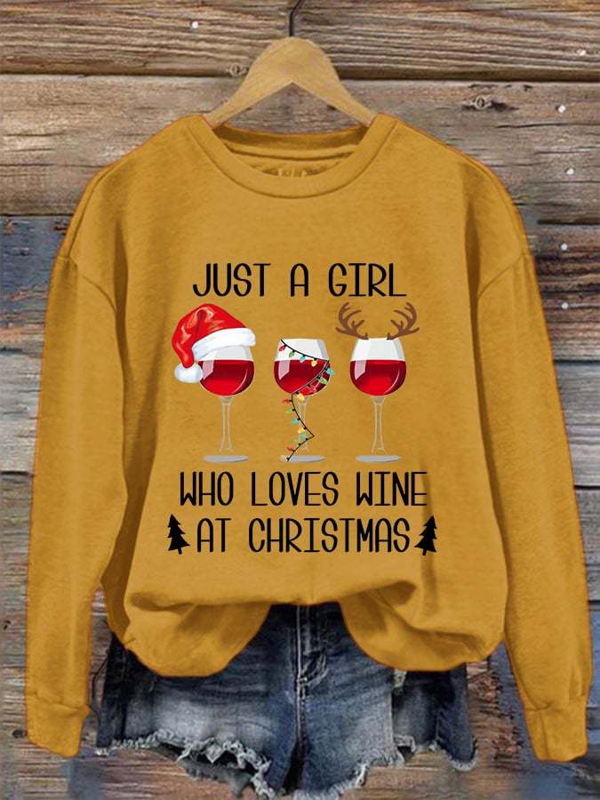 Women's Just A Girl Who Loves Christmas Red Wine Glass Print Crew Neck Sweatshirt
