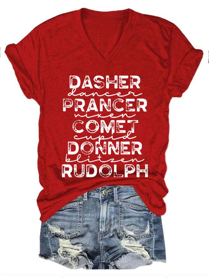Women's Funny Christmas Dasher Dancer Prancer Vixen Comet Cupid Donner Blitzen Rudolphr Printed V-Neck T-Shirt