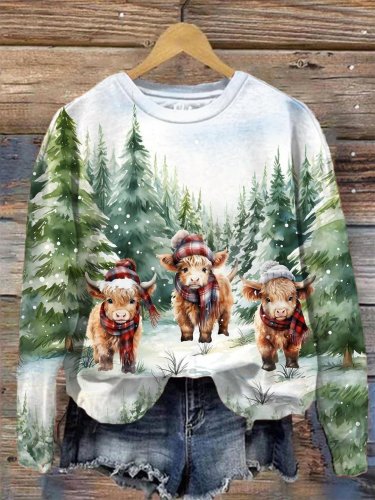 Women's Highland Cow Christmas Print Crew Neck Sweatshirt