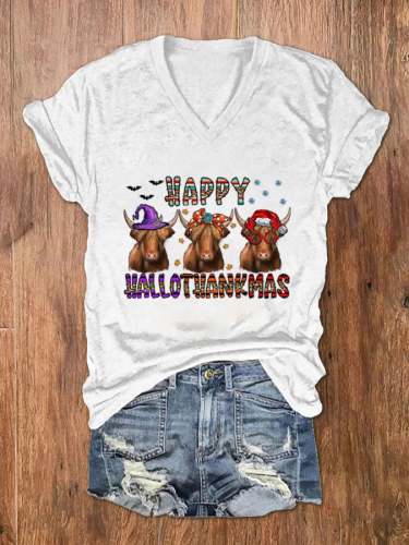 Women's Happy Hallothanksmas Funny Cows Print V-Neck T-Shirt