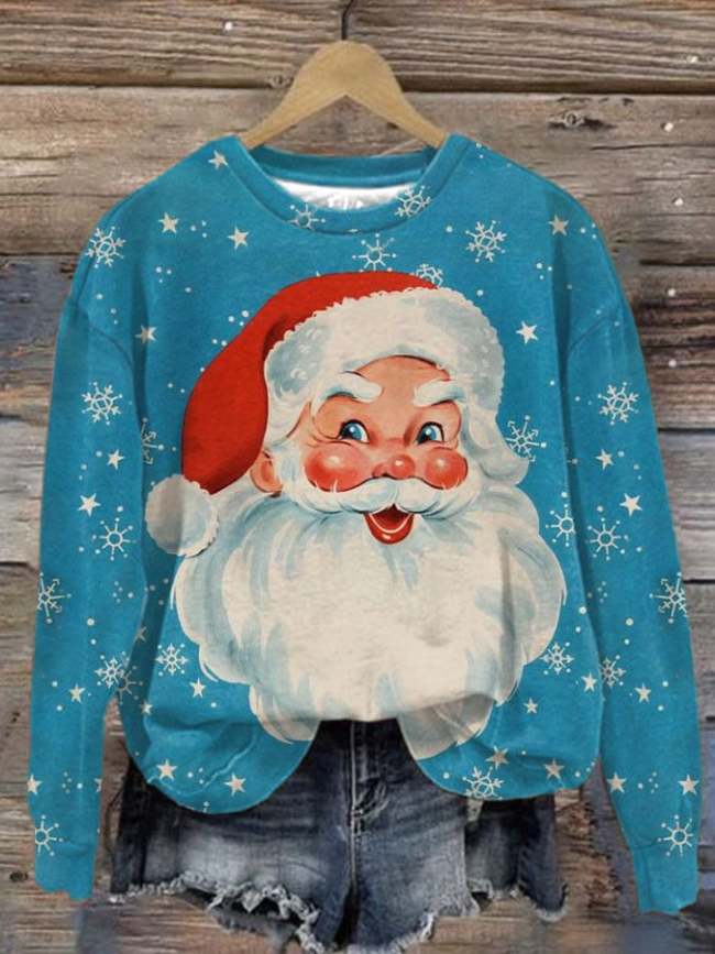 Women's Snowing Santa Claus Print Crew Neck Sweatshirt