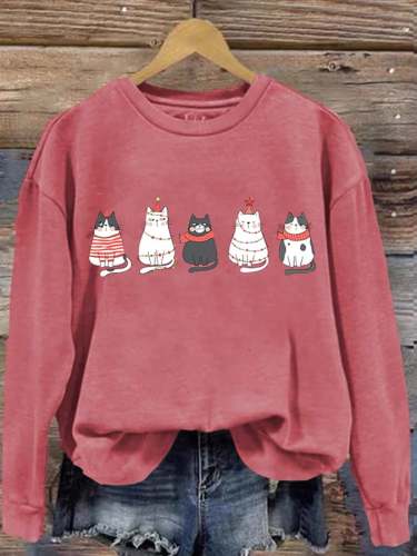 Women's Casual Cat Christmas Print Long Sleeve Sweatshirt