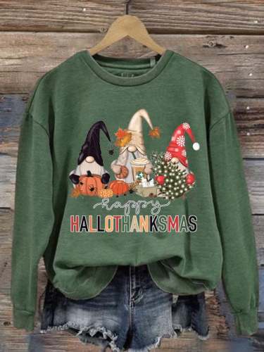 Women's Hallothanksmas Gnome Print Crew Neck Sweatshirt