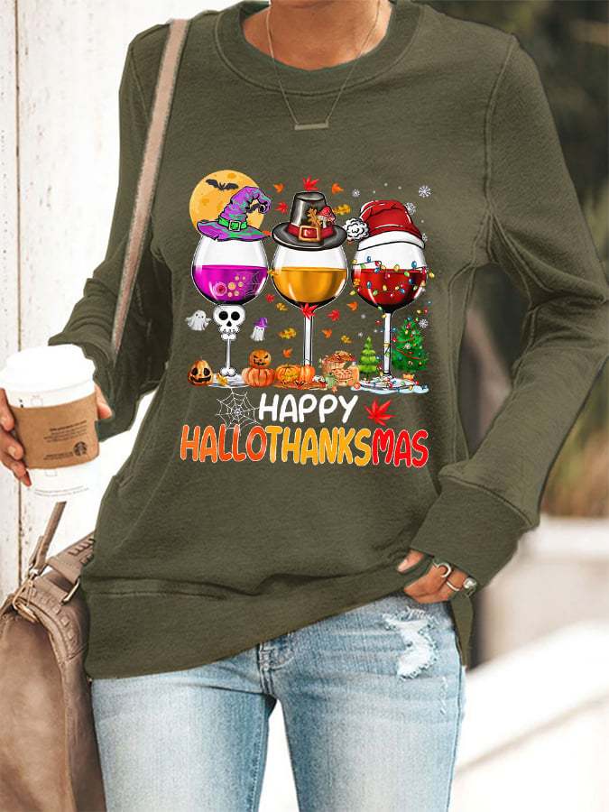 Women's Happy Hallothanksmas Wine Print Casual Sweatshirt