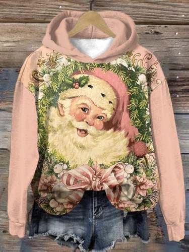 Women's Vintage Pink Santa Print Hoodie Long Sleeve Sweatshirt