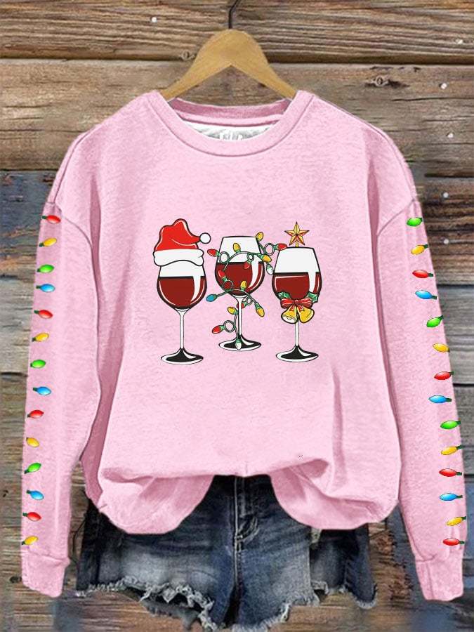 Women's Christmas Lights Red Wine Glass Printed Round Neck Sweatshirt