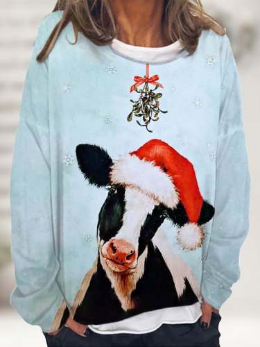 Women's Christmas Cow Printed Sweatshirt