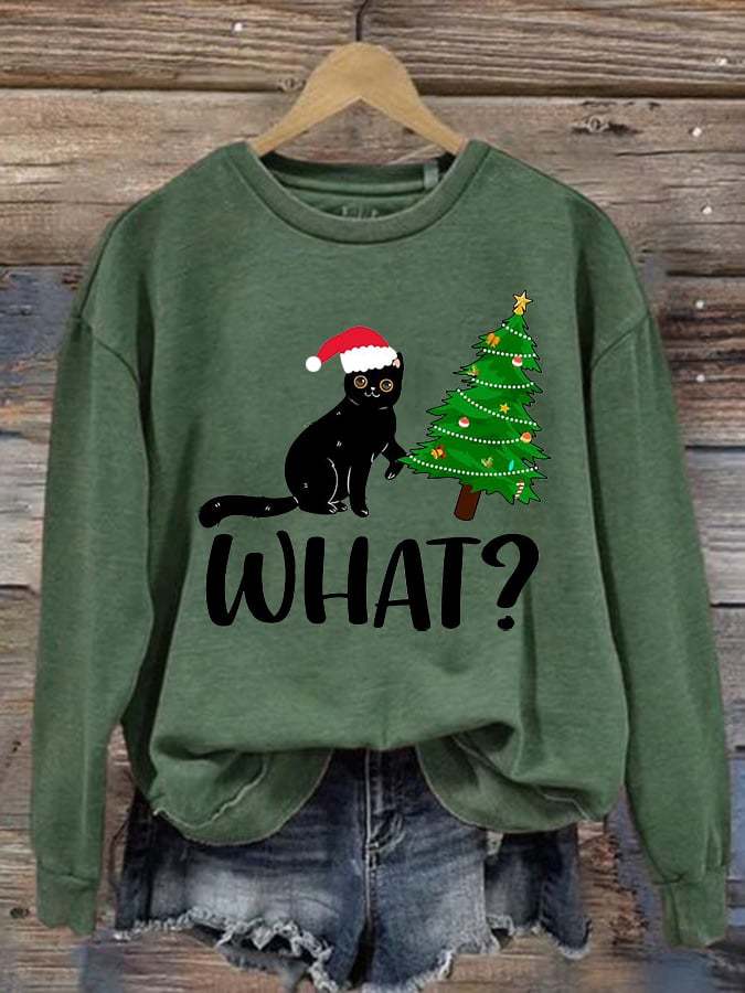 Women's Funny Black Cat Pushing Christmas Tree Print Round Neck Sweatshirt