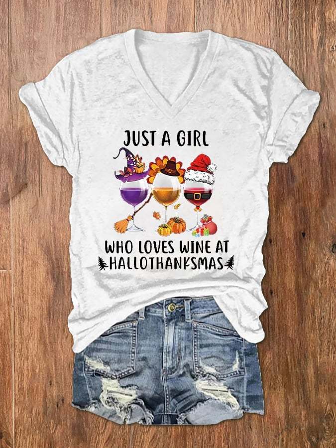 Women's Just A Girl Who Loves Wine At Hallothanksmas Print V-Neck T-Shirt