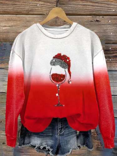 Women's Christmas Hat Wine Glass Printed Sweatshirt