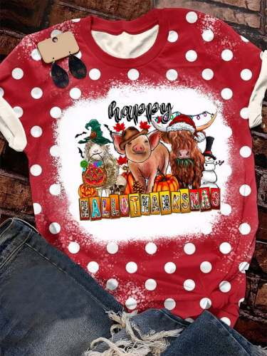 Women's Happy Hallothanksmas Farm Animal Print Casual T-Shirt