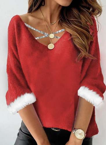 Women's Christmas Fluffy Sequins V Neck  Sweatshirt