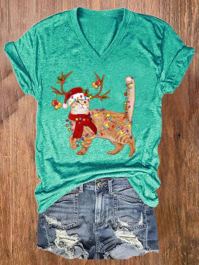 Women's Christmas Cat Lights Print T-Shirt