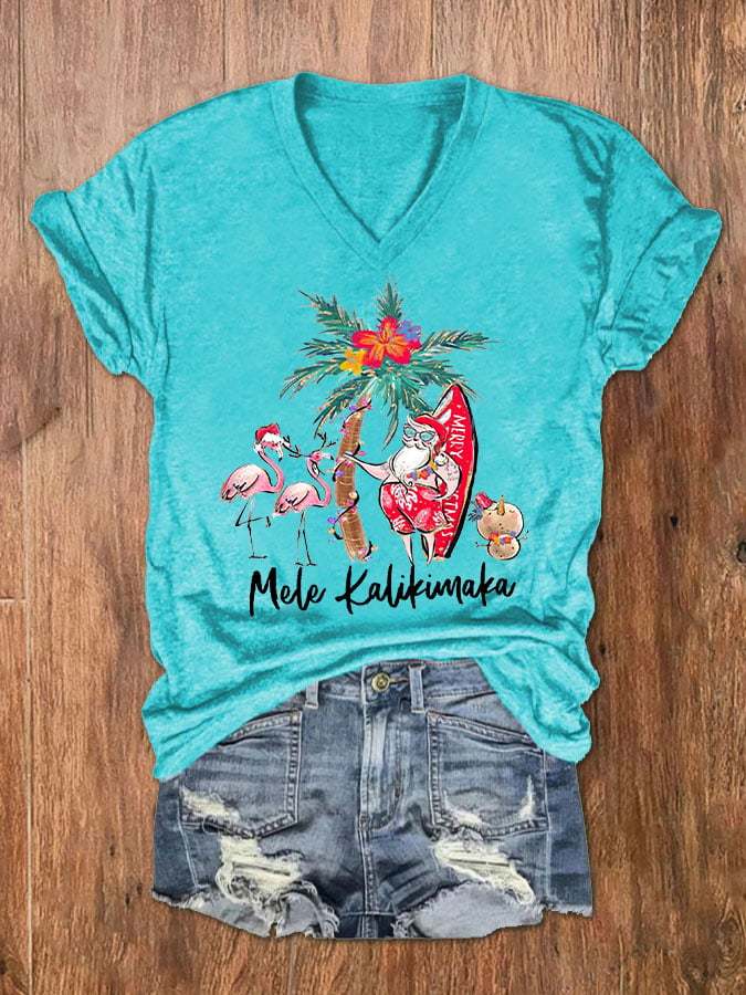 Women's Mele Kalikimaka Hawaii Christmas Print V-Neck T-Shirt