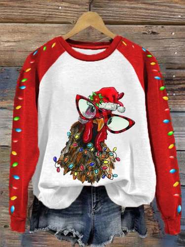 Women's Christmas Lantern Funny Chicken Print Casual Sweatshirt