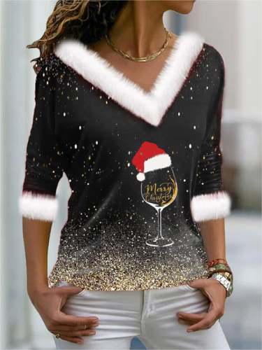 Women's Fluffy sequins Christmas wine glasses V Neck  Sweatshirt