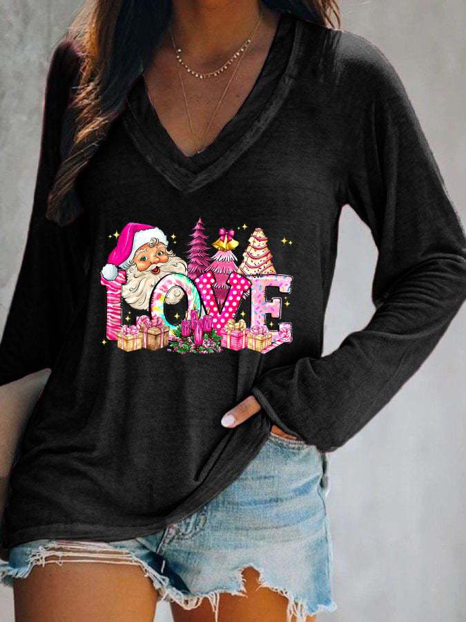 Women's Love Pink Santa Print Long Sleeve V-Neck T-Shirt