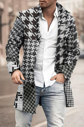 Lapel Houndstooth Patchwork Wool Coat