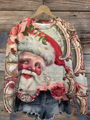 Women'S Vintage Santa Print Long Sleeve Sweatshirt
