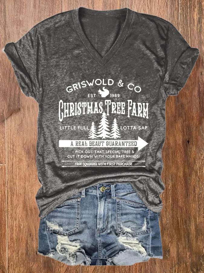Women's Christmas Griswold Co Christmas Tree Farm V-Neck Tee