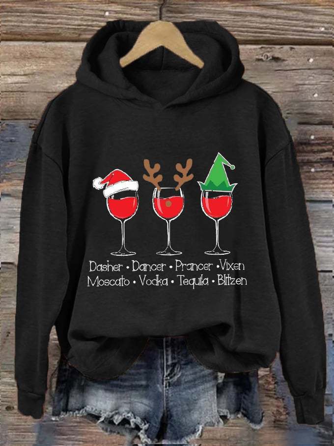 Women's Funny Christmas Dasher Dancer Prancer Vixen Comet Cupid Donner Blitzen Rudolphr Wine Printed Hooded Sweatshirt