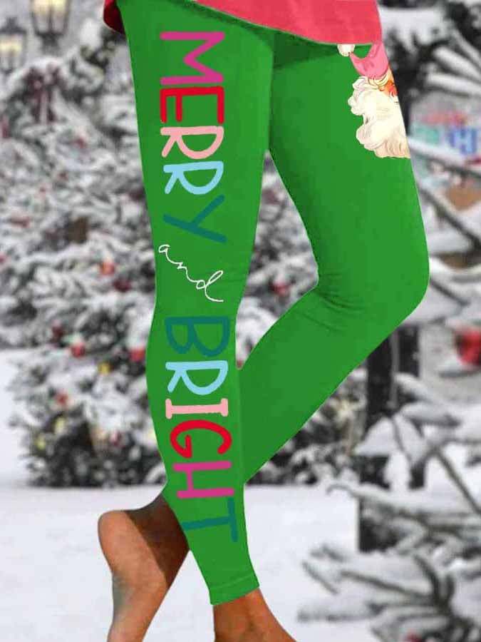 Women's Merry And Bright Santa Claus Print Skinny Stretch Leggings