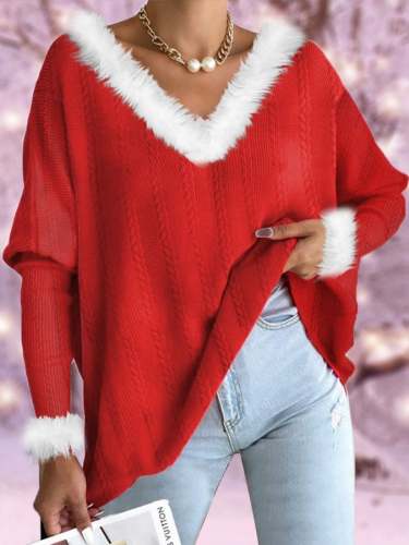 Women's Cable Solid Color Plush Cuff V-Neck Casual Pullover