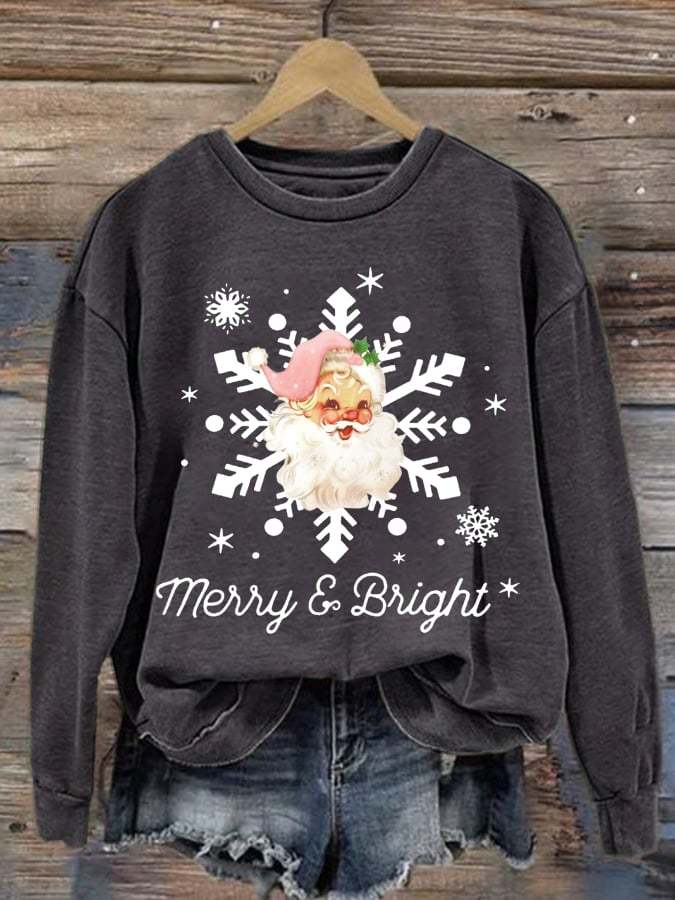 Women's Merry And Bright Santa Claus Print Round Neck Sweatshirt