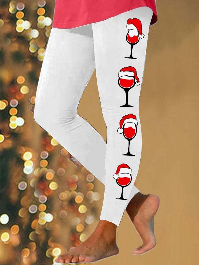 Women's Christmas Red Wine Glass Printed Leggings