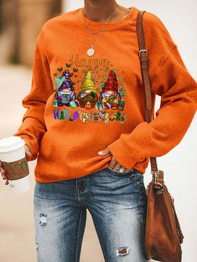 Women's Happy Hallothanksmas Gnome Print Sweatshirt