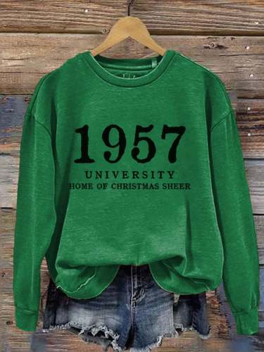 Women's 1957 University Home Of Christmas Cheer Printed Round Neck Long Sleeve Sweatshirt