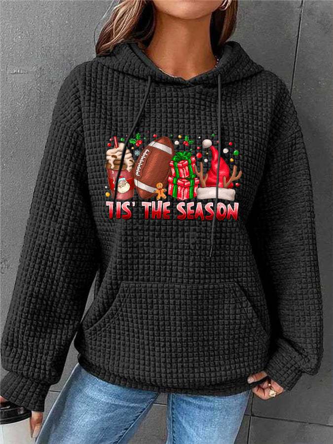 Women's Tis The Season Christmas Football Print Waffle Hoodie