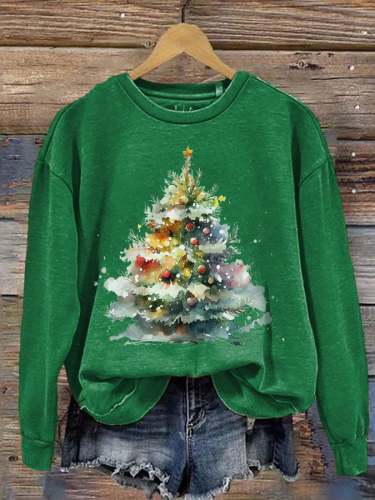 Women's Christmas Tree Printed Round Neck Long Sleeve Sweatshirt