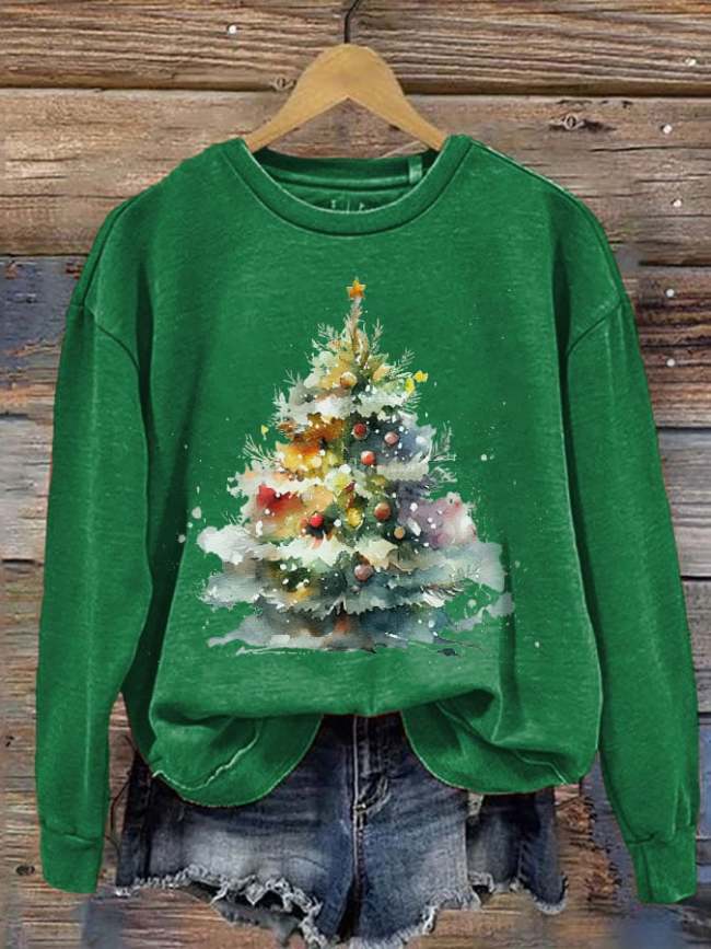 Women's Christmas Tree Printed Round Neck Long Sleeve Sweatshirt