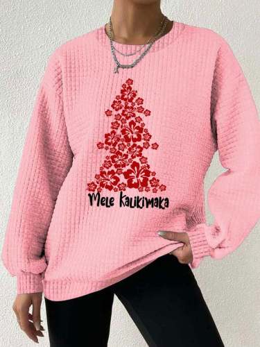 Women's Hawaiian Hibiscus Christmas Tree  Mele Kalikimaka  Print Waffle Sweatshirt