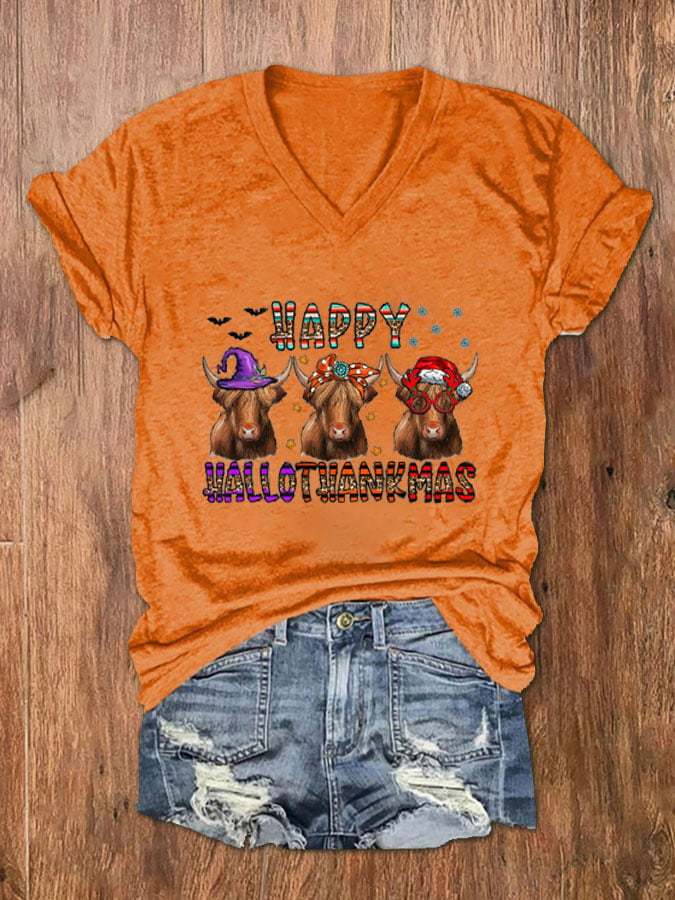 Women's Happy Hallothanksmas Funny Cows Print V-Neck T-Shirt