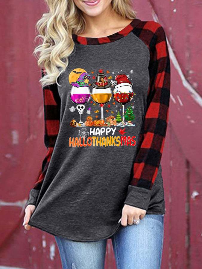 Women's Happy Hallothanksmas Wine Print Check Sleeve T-Shirt