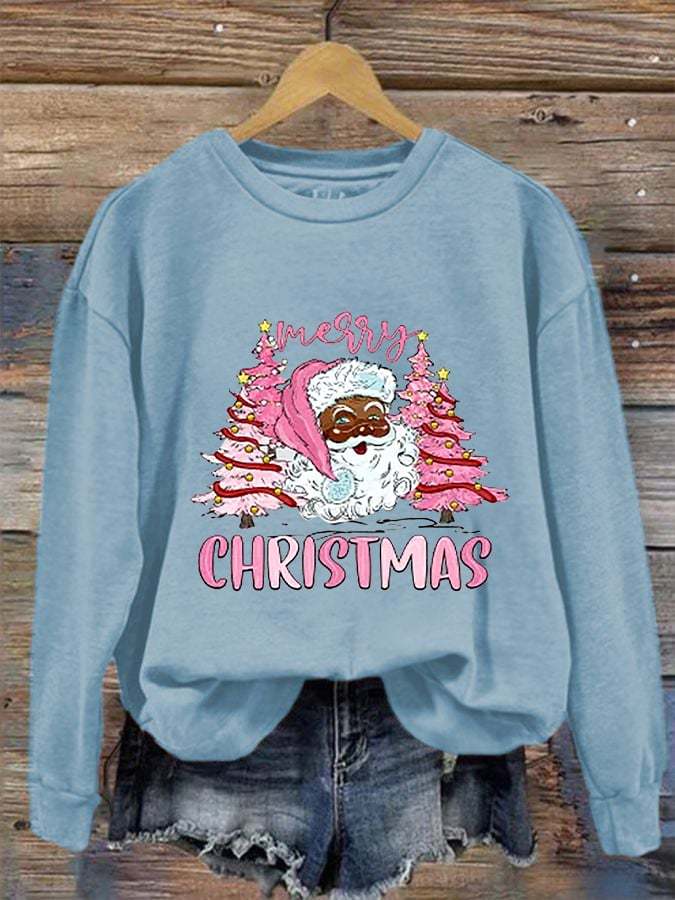 Women's Pink Christmas Tree Santa Claus Print Christmas Casual Sweatshirt