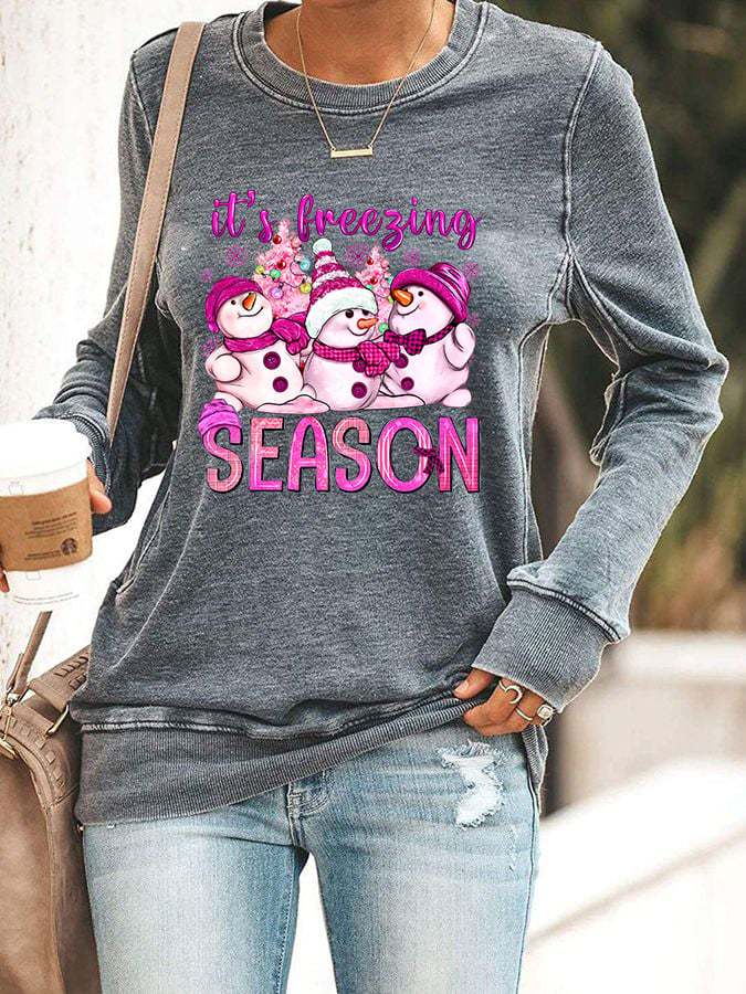 Women's It's Freeging Season Pink Snowman Print Casual Sweatshirt