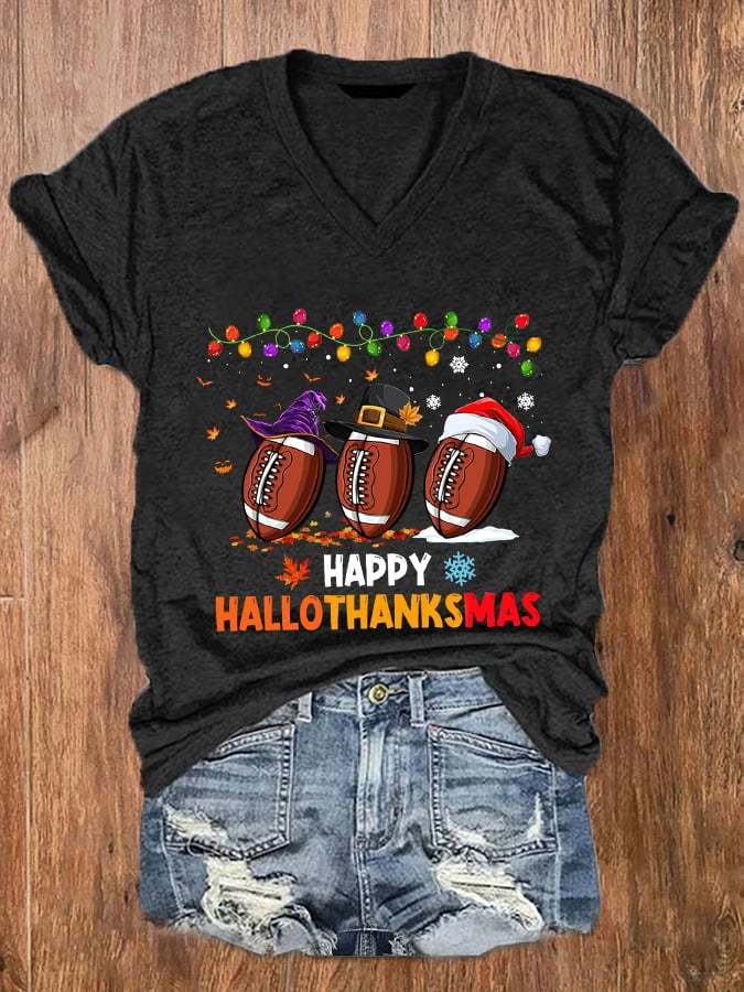 Women's Halloween Thanksgiving Festival Happy Hallothanksmas Print V-Neck T-Shirt