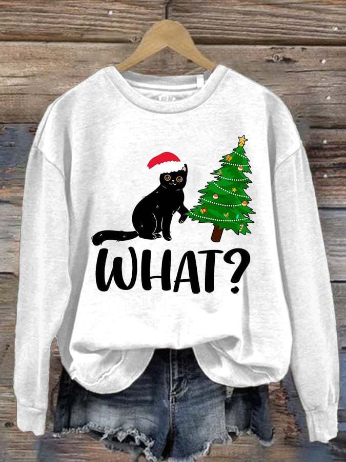 Women's Funny Black Cat Pushing Christmas Tree Print Round Neck Sweatshirt