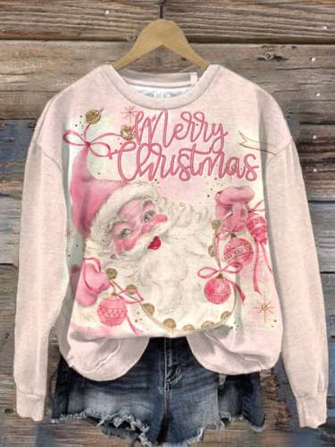 Women'S Vintage Pink Santa Print Long Sleeve Sweatshirt