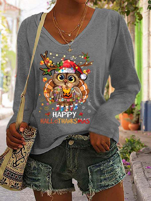 Women's Happy Hallothanksmas Print Long Sleeve V-Neck T-Shirt