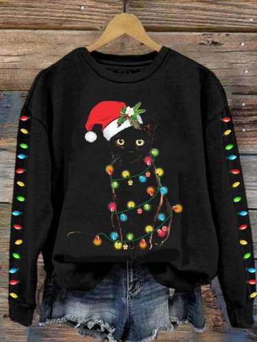 Women's Casual Black Santa Cat Lights Christmas Print Long Sleeve Sweatshirt