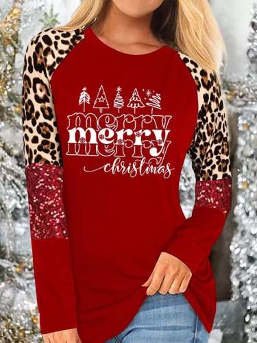 Women's Christmas Merry Christmas Tree Leopard Glitter Print O-Neck T-Shirt